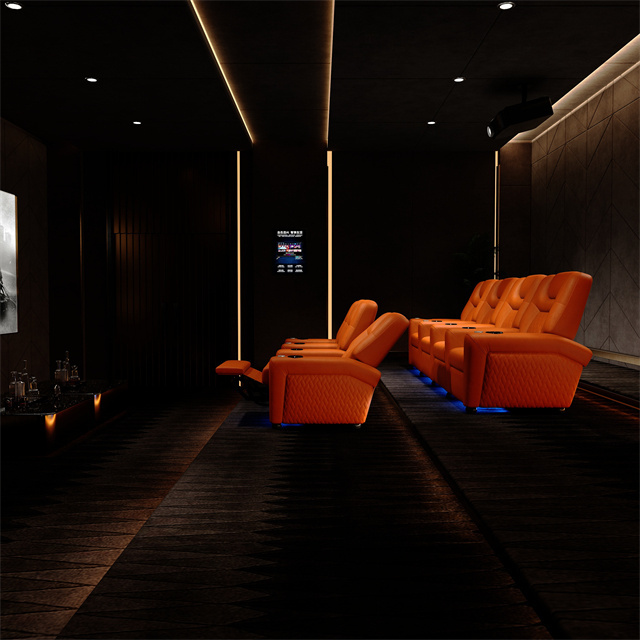 Modern luxury VIP cinema recliner sofa Electric leather home cinema orange with electric foot, electric headrest single sofa