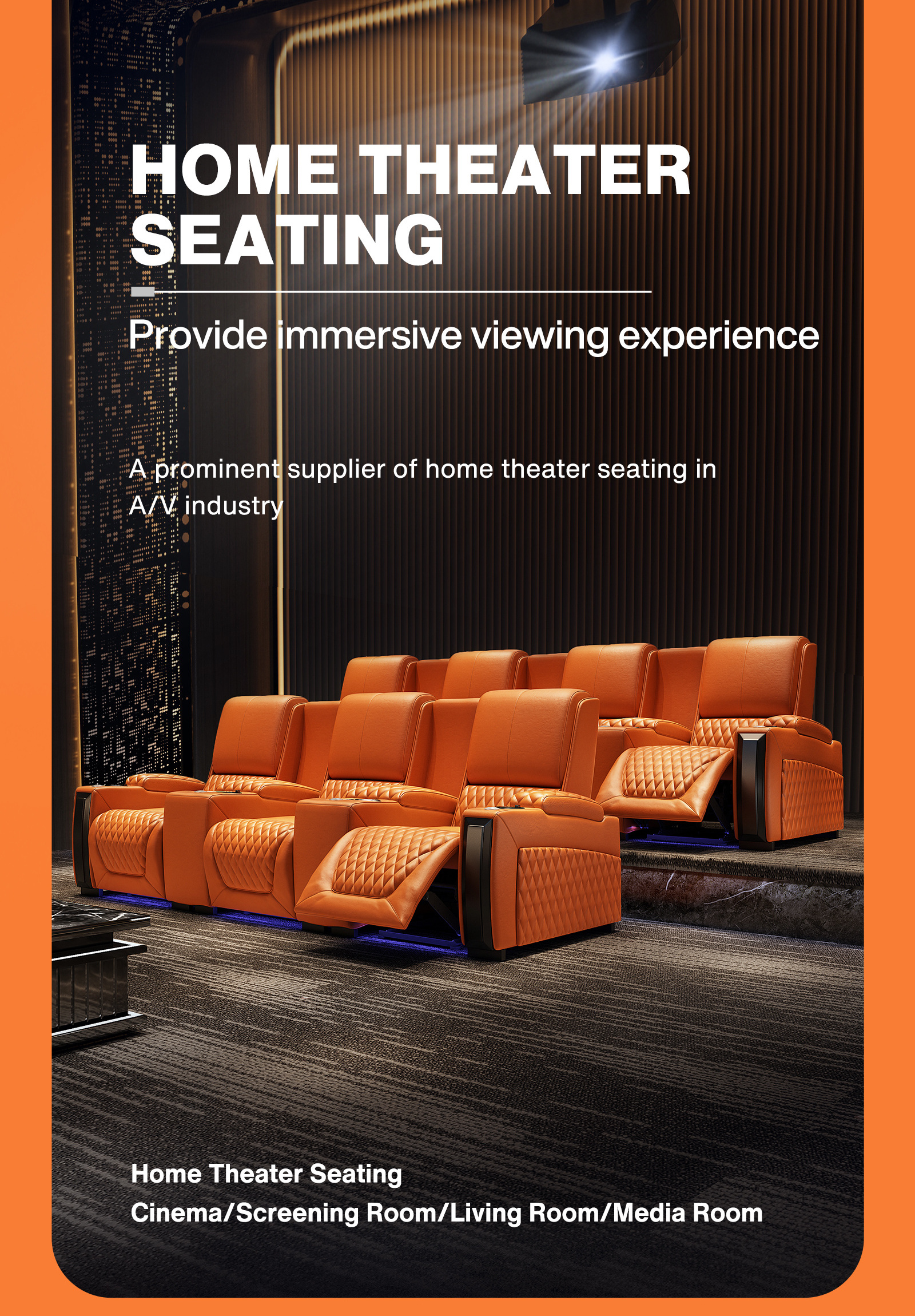 Modern luxury VIP cinema recliner sofa Electric leather home cinema orange with electric foot, electric headrest single sofa