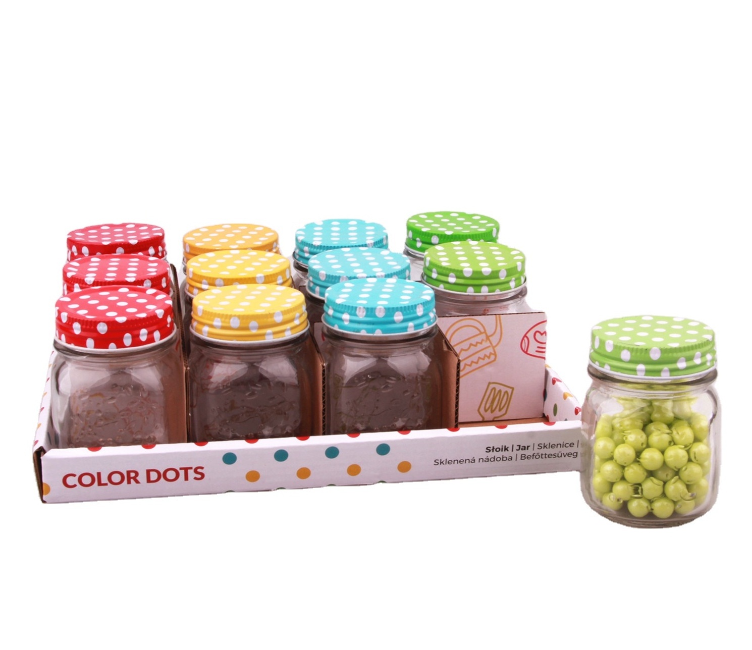 Wholesale 12pcs mini glass mason jar candy jars cute tin lid in PDQ box for kitchen home decor