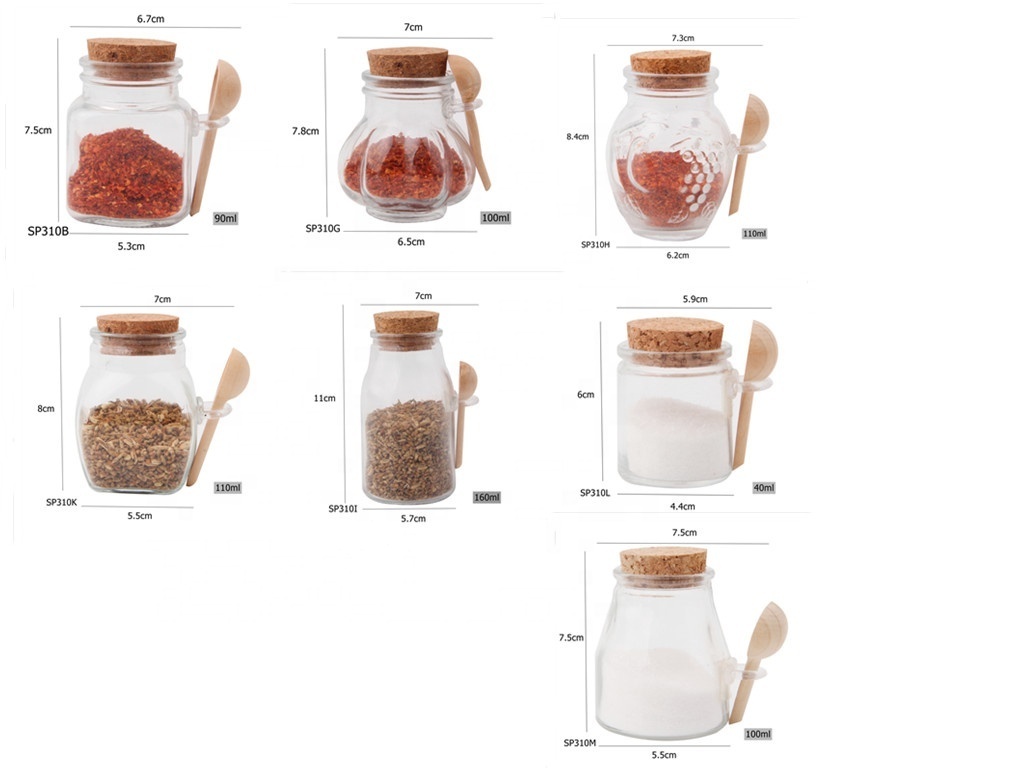 Hot sale wholesale novelty glass spice seasoning jar glass spice bottle with cork lid and wooden spoon for kitchen storage spice