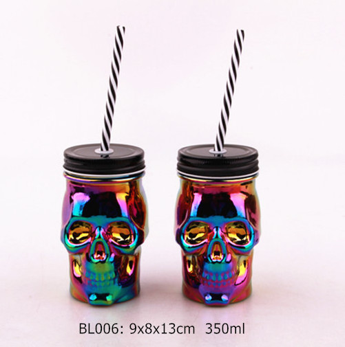 Halloween party bar drinkware black glass mason jar with tin lid plastic straw colorful for cold beverage juice wine drink