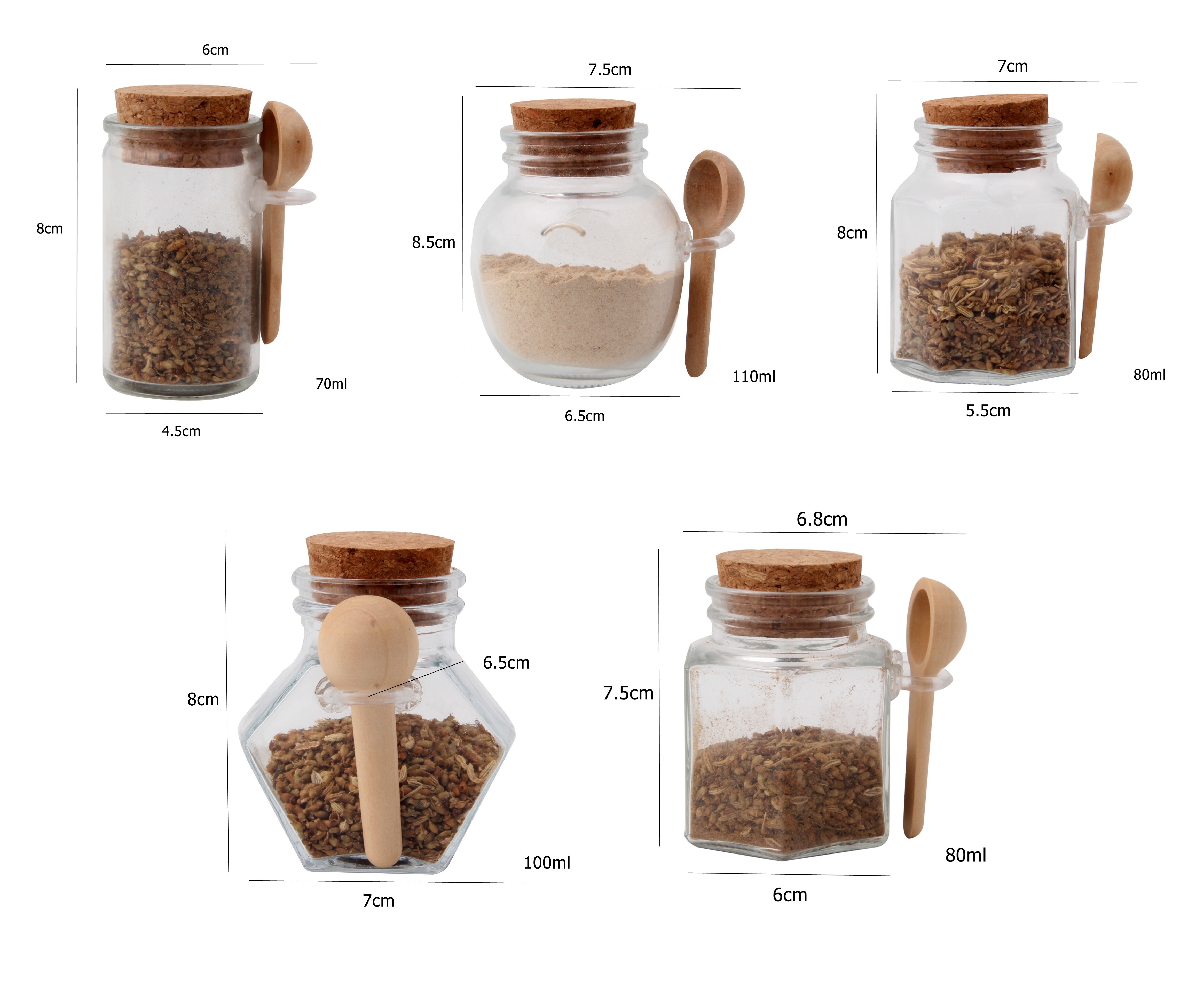 Hot sale wholesale novelty glass spice seasoning jar glass spice bottle with cork lid and wooden spoon for kitchen storage spice