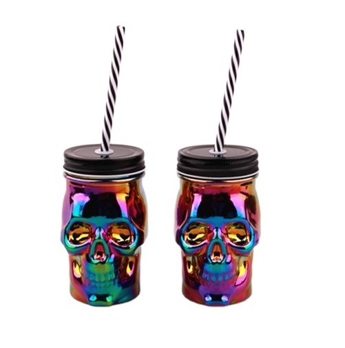 Halloween party bar drinkware black glass mason jar with tin lid plastic straw colorful for cold beverage juice wine drink