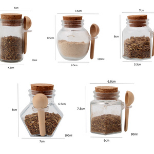 hotselling wholesale kitchen glass spice seasoning jar with cork lid and wooden spoon for home and kitchen decor