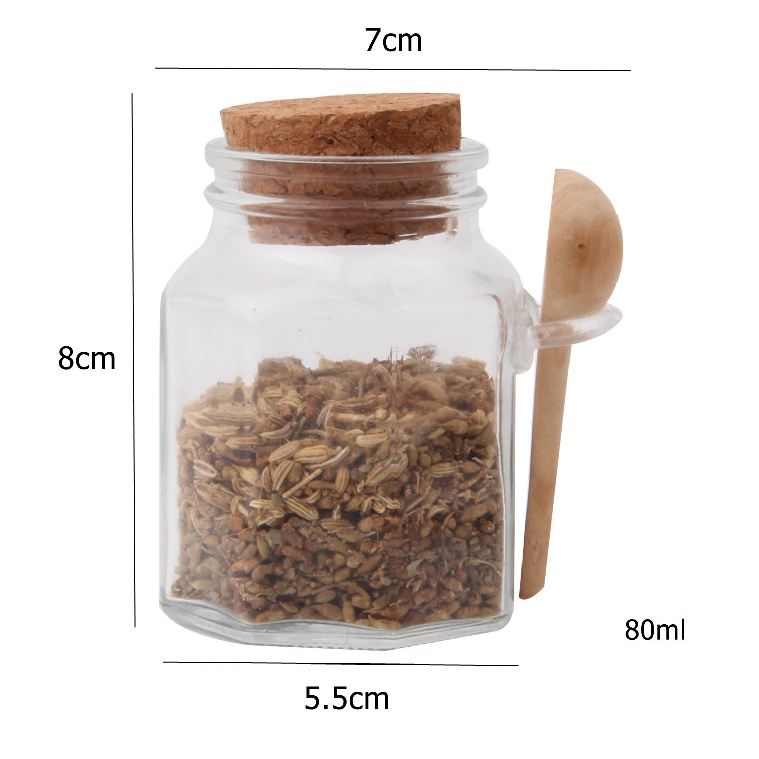 hotselling wholesale kitchen glass spice seasoning jar with cork lid and wooden spoon for home and kitchen decor