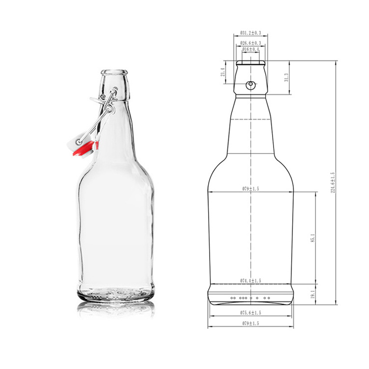 Wholesale  500ml transparent glass 16oz kombucha swing top new beer bottle