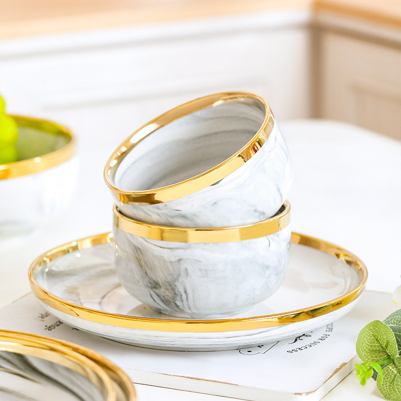 Luxury ceramic porcelain bowls plates marble gold rim dinnerware+sets dishes ceramic dinner set for wedding event