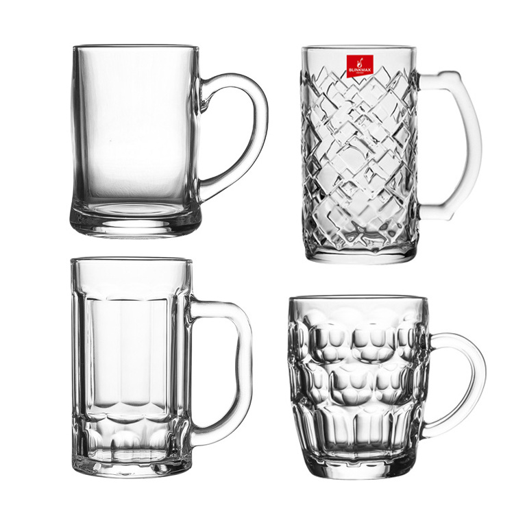 Classic Multiple type 300ml-600ml beer glass mugs with handle beer steins and soft drinks glass cup with customized decal design