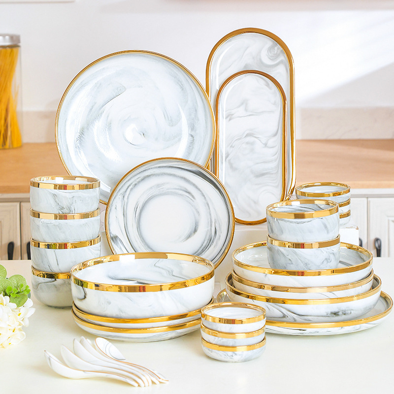 Luxury ceramic porcelain bowls plates marble gold rim dinnerware+sets dishes ceramic dinner set for wedding event