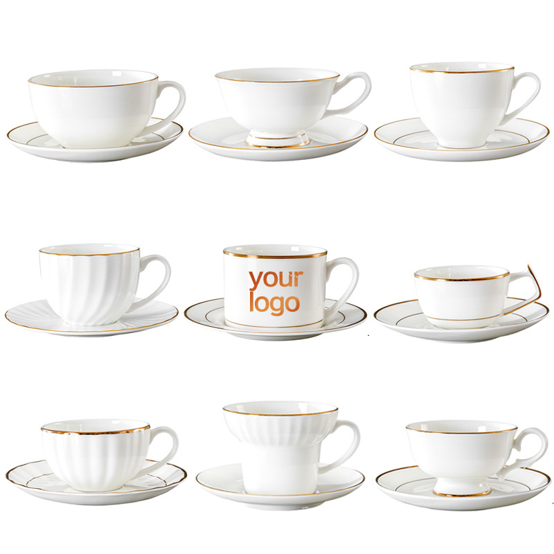 Custom Logo 150-300ml European Fine Bone China Porcelain Coffee Cups Gold Coffee Tea Cup Ceramic Pure White Teacups and Saucers