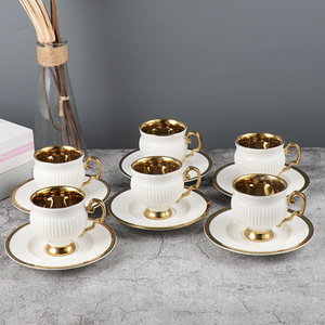 Custom Logo Arabic Porcelain 6pcs Espresso Cup Ceramic Tiny Mugs Gold Coffee Tea Cup and Saucer Turkish Coffee Cup Set