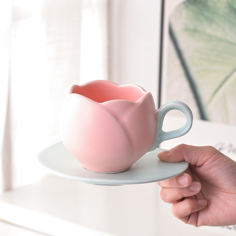 New Arrival  300ml 10oz 3d Macaron pink lovely embossed tulip shaped ceramic porcelain coffee cup ceramic mug with saucer