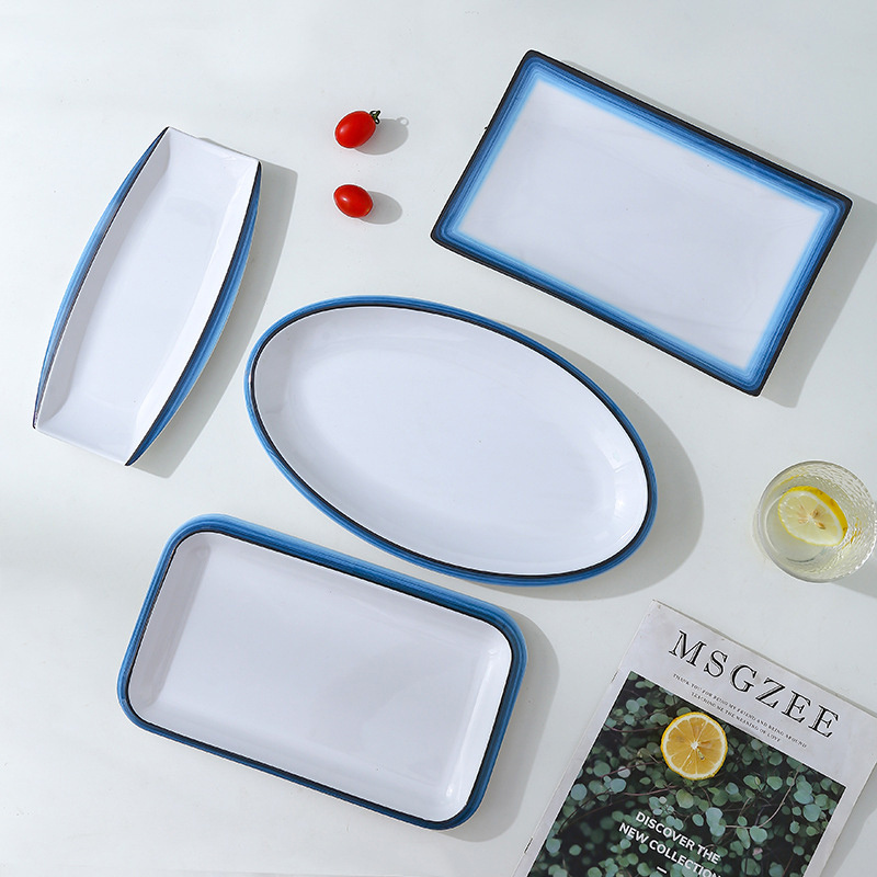 Wholesale Price Gradient blue Decal Pattern Embossed plastic melamine Dinner set serving plate bowl dish for snack Bar Cafeteria