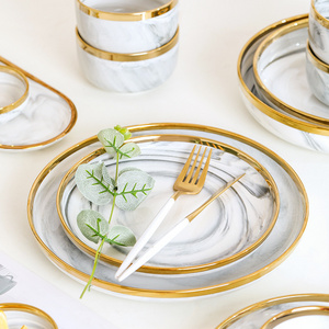 Luxury ceramic porcelain bowls plates marble gold rim dinnerware+sets dishes ceramic dinner set for wedding event