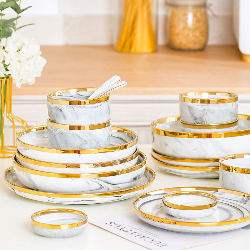 Luxury ceramic porcelain bowls plates marble gold rim dinnerware+sets dishes ceramic dinner set for wedding event