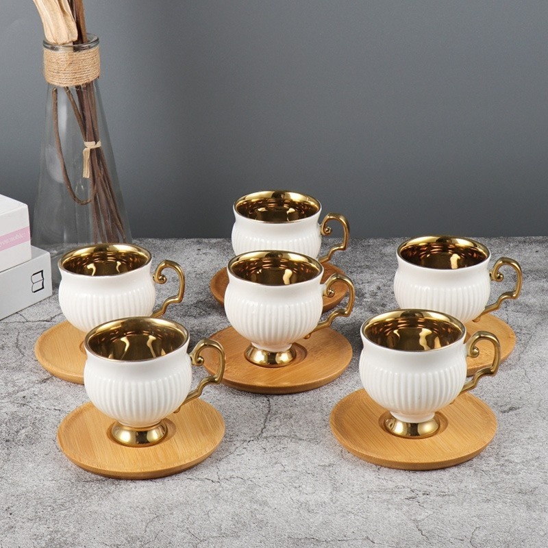 Custom Logo Arabic Porcelain 6pcs Espresso Cup Ceramic Tiny Mugs Gold Coffee Tea Cup and Saucer Turkish Coffee Cup Set