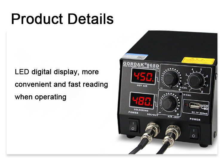 868D 2 in 1 Dual Digital Desoldering Station 220V Hot Air Gun  Soldering Rework Station USB Charging Mobile Phone