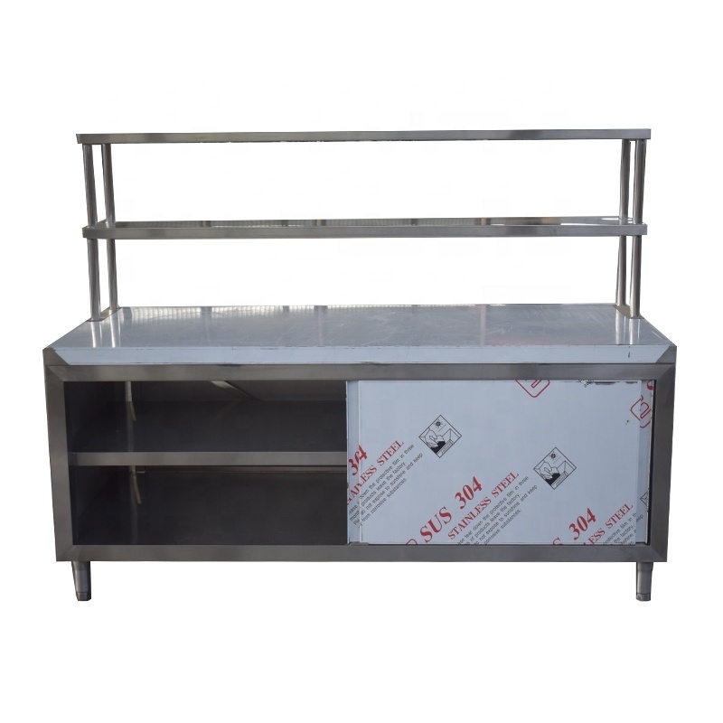 Commercial Kitchen Sliding Door Food Prep Stainless Steel Work Table Cabinet Counter With Top Shelf