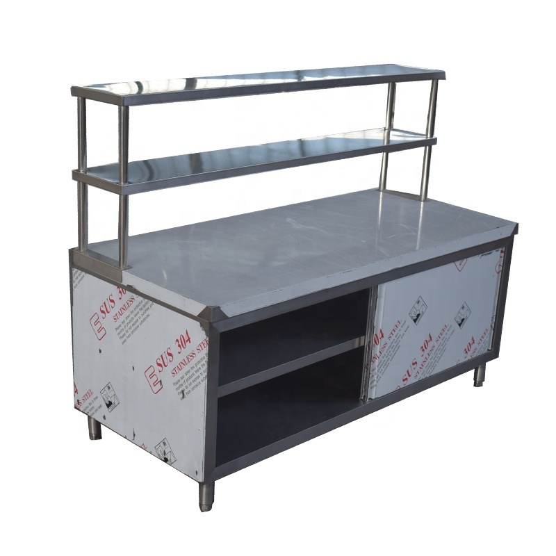 Commercial Kitchen Sliding Door Food Prep Stainless Steel Work Table Cabinet Counter With Top Shelf