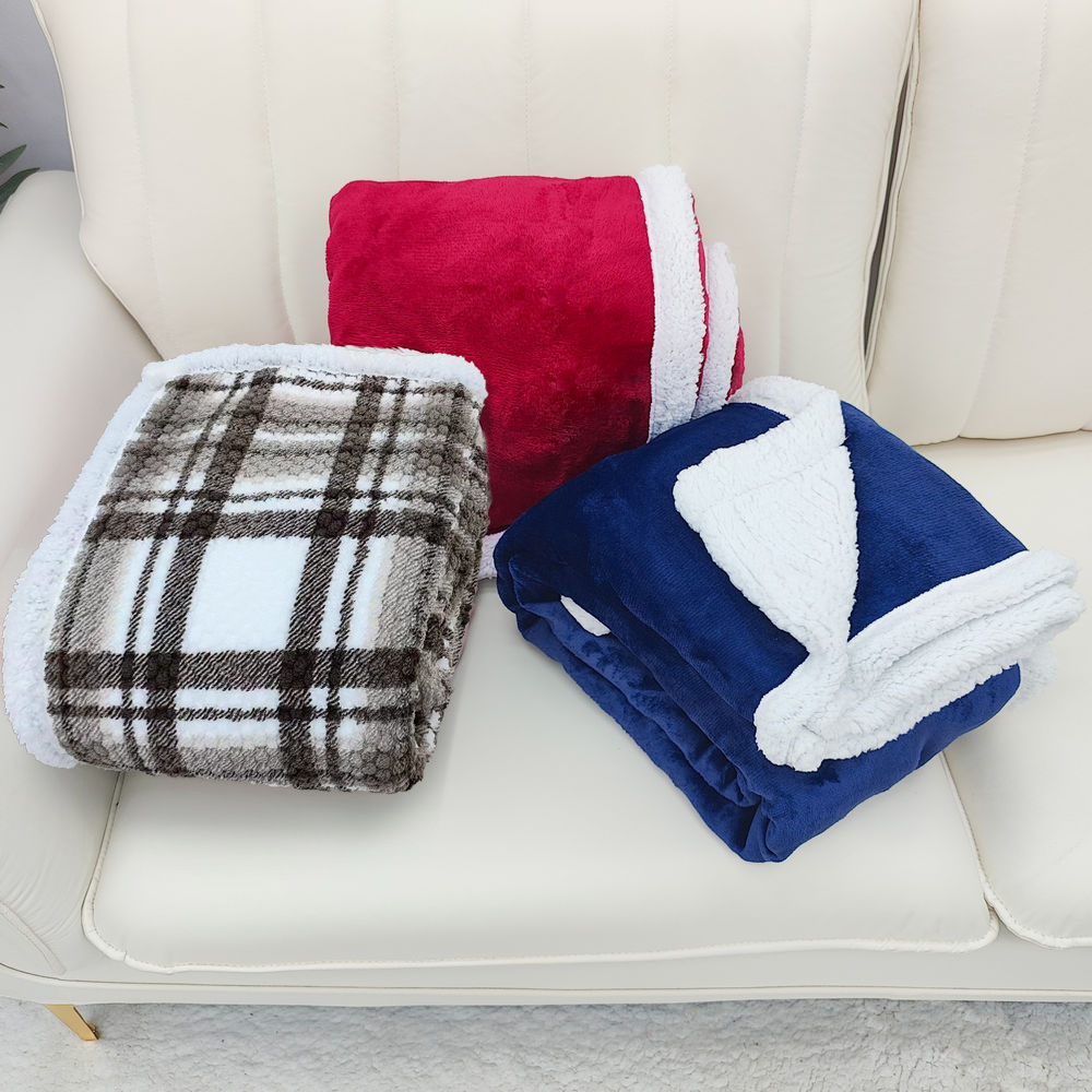 Custom Printed Solid Plain Plush Flannel Fleece Sherpa 2 Ply Throw Super soft Double Layers Flannel Sherpa Blankets for winter