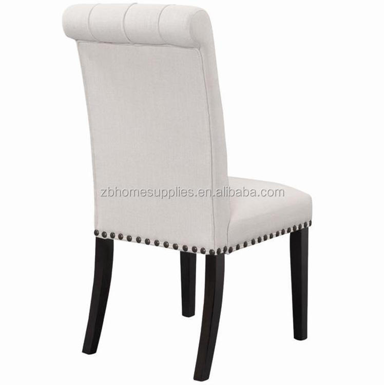 Wooden frame upholstered tufted antique soild wood nails webbing beige button linen dining chair