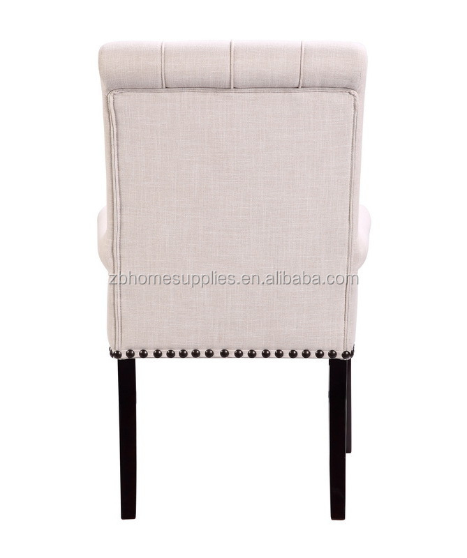 Wooden frame upholstered tufted antique soild wood nails webbing beige button linen dining chair