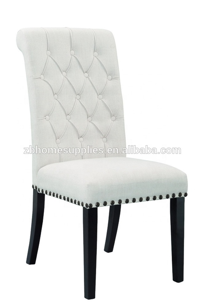 Wooden frame upholstered tufted antique soild wood nails webbing beige button linen dining chair