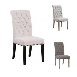 Wooden frame upholstered tufted antique soild wood nails webbing beige button linen dining chair