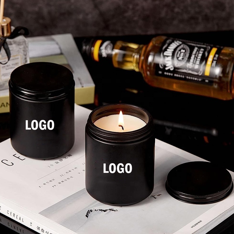 Empty matte black white candle jars 8oz glass with metal lid high-end gift box and logo