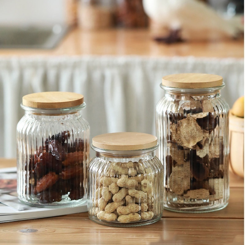 1200ml 950ml 650ml Round Glass Cookie Candy Jars with Airtight Bamboo Wooden Cork Lid for Storage