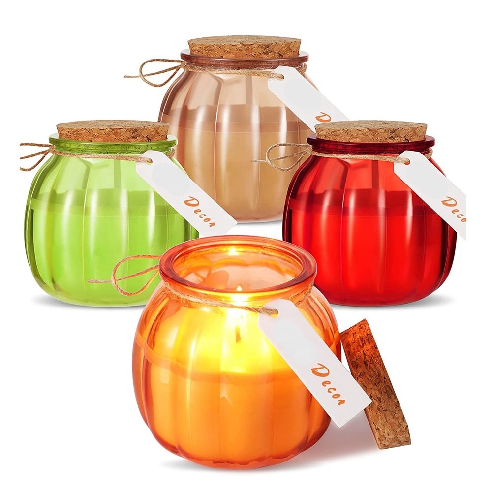 Orange Yellow Green Pumpkin Shape Glass Candle Jars with Cork Lid