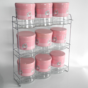 9 pcs organizer kitchen pink Stainless steel sleeve kitchenware glass storage canisters with shelf