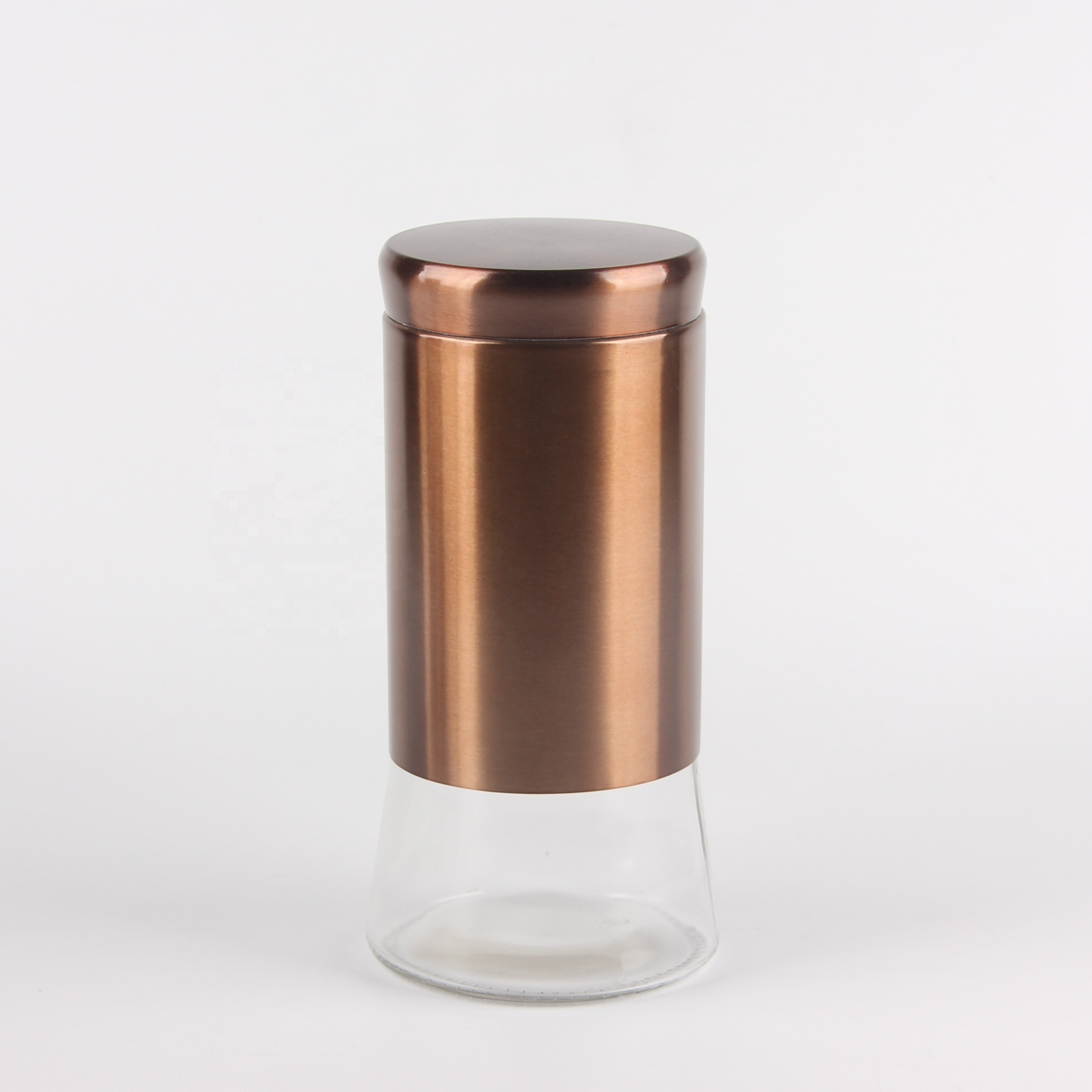 coffee bean storage glass jar with rose gold stainless steel coating and lid