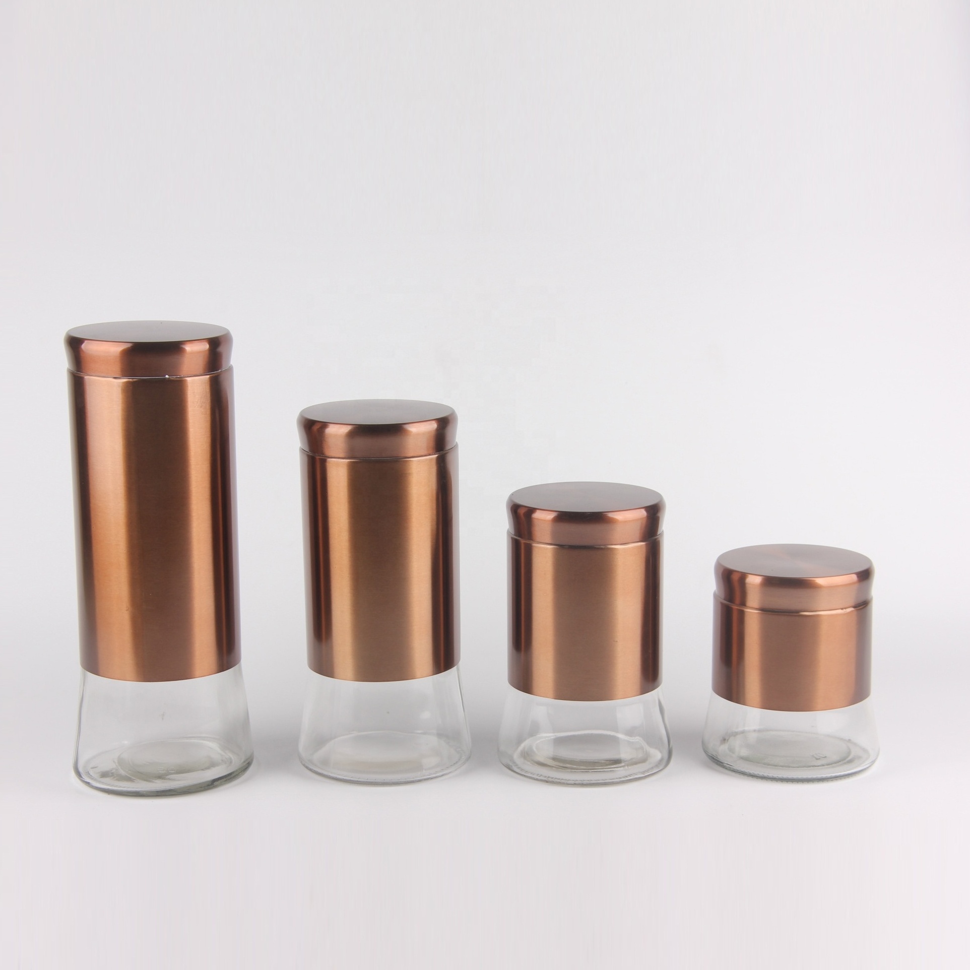 coffee bean storage glass jar with rose gold stainless steel coating and lid