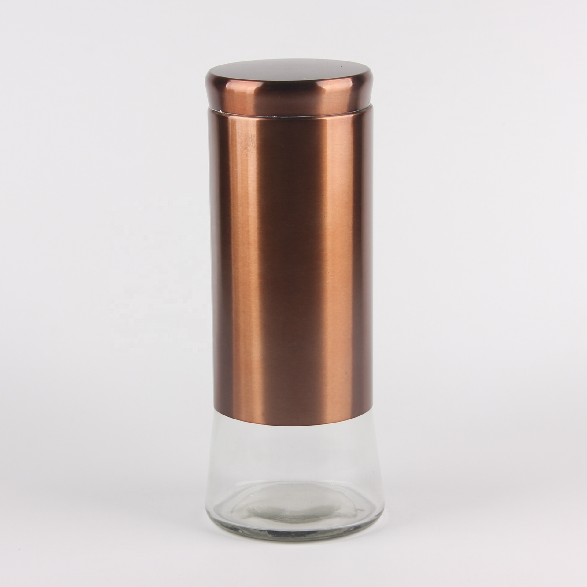 coffee bean storage glass jar with rose gold stainless steel coating and lid