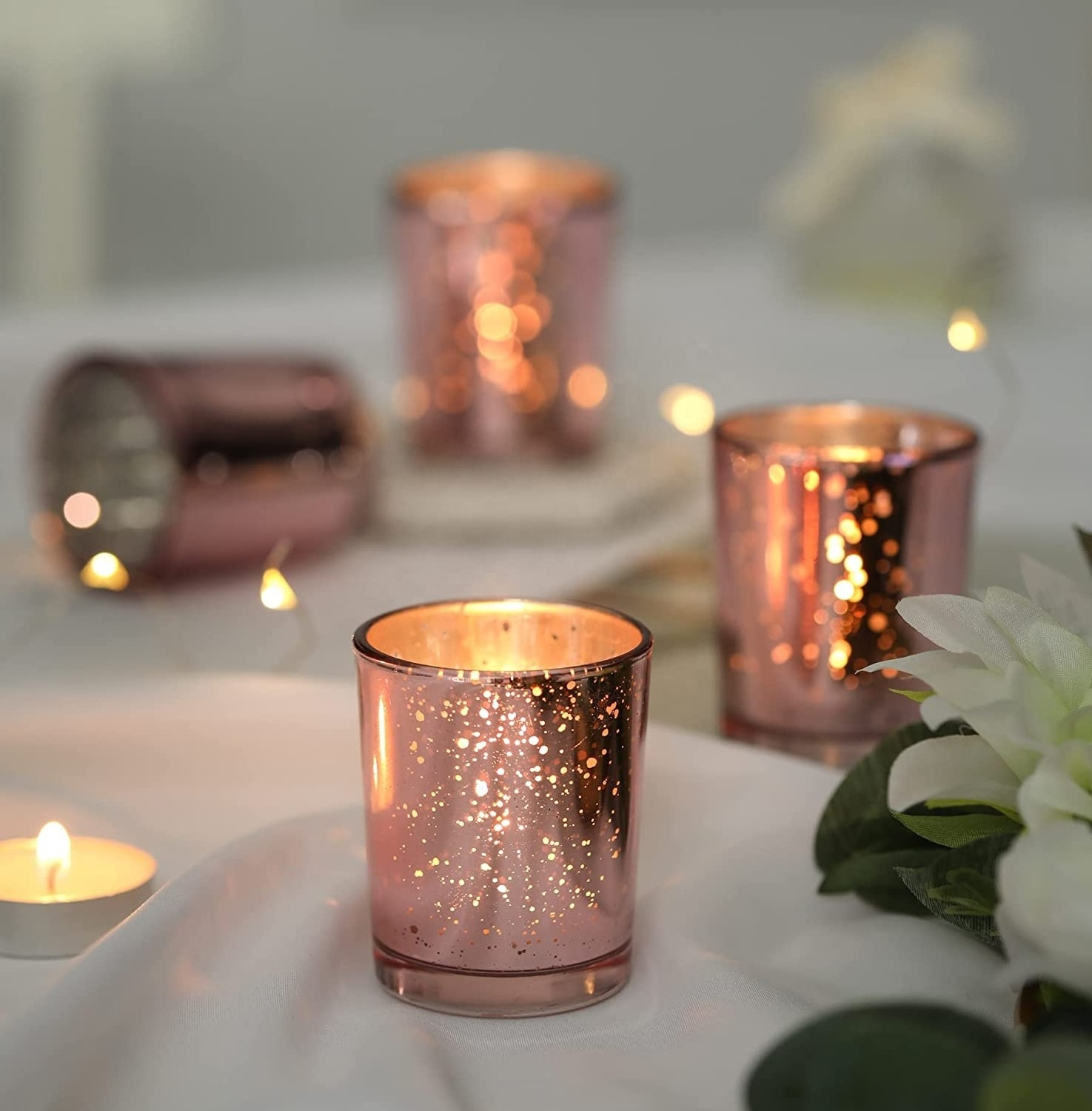 Rose Gold Votive Candle Holders, Mercury Glass Tealight Candle Holder Set of 12