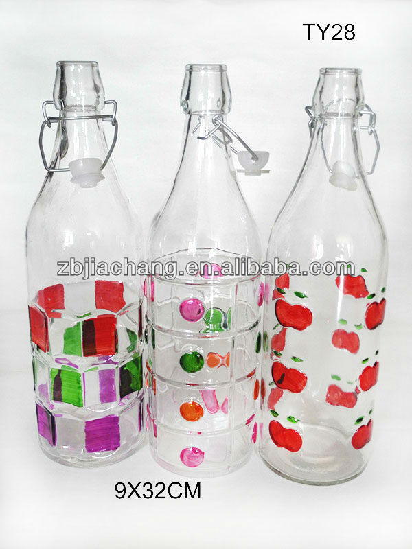 hand painted pattern recycled cylinder glass bottle with swing top lid