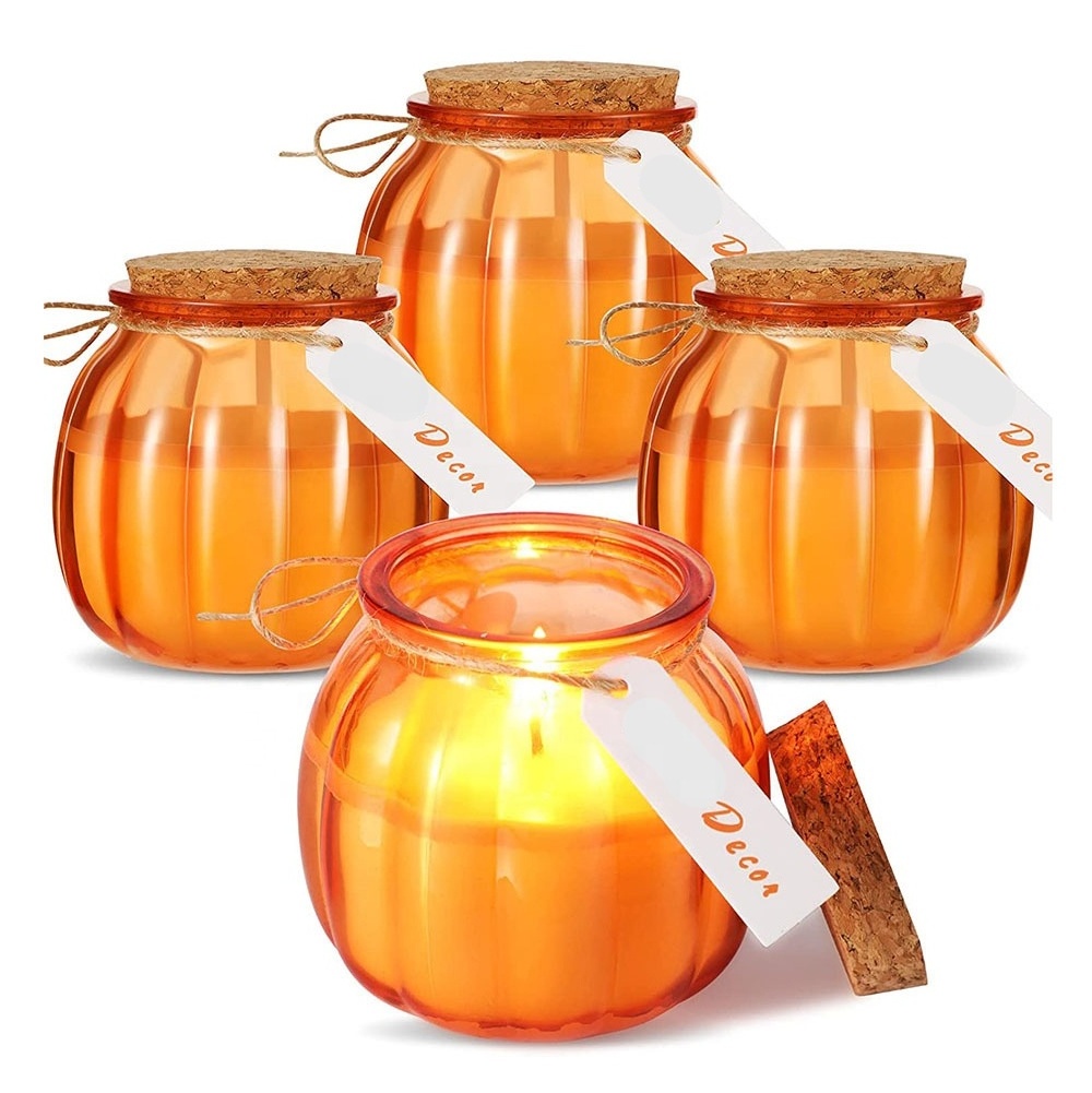 Orange Yellow Green Pumpkin Shape Glass Candle Jars with Cork Lid