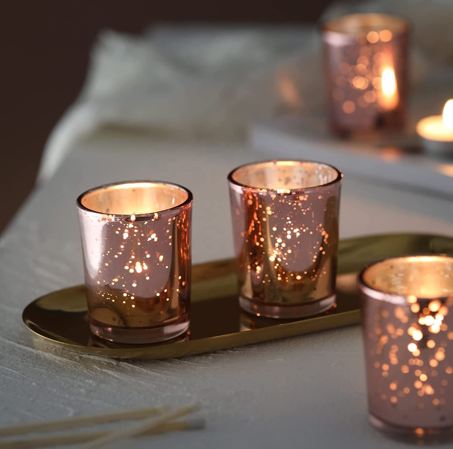 Rose Gold Votive Candle Holders, Mercury Glass Tealight Candle Holder Set of 12