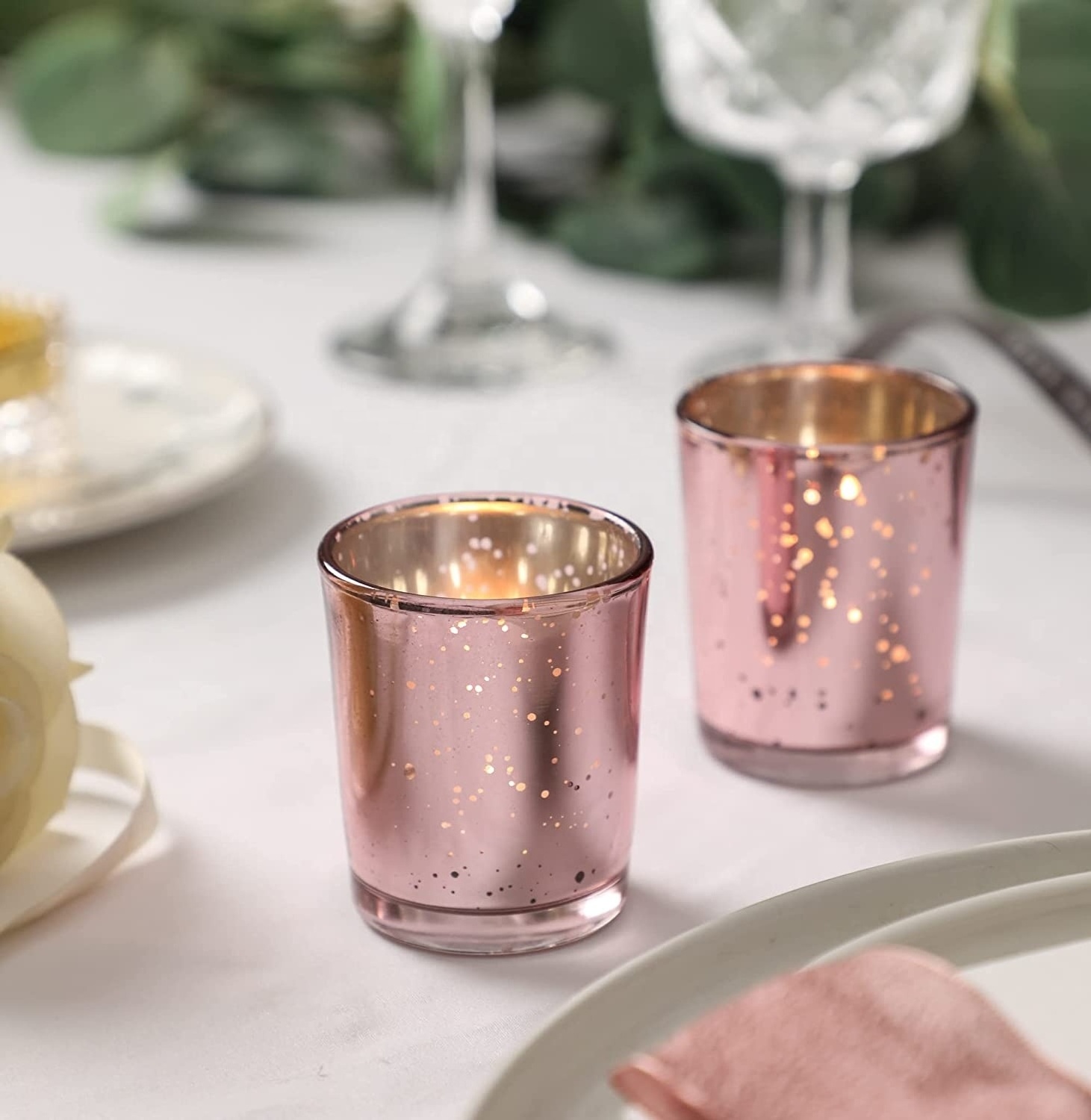 Rose Gold Votive Candle Holders, Mercury Glass Tealight Candle Holder Set of 12