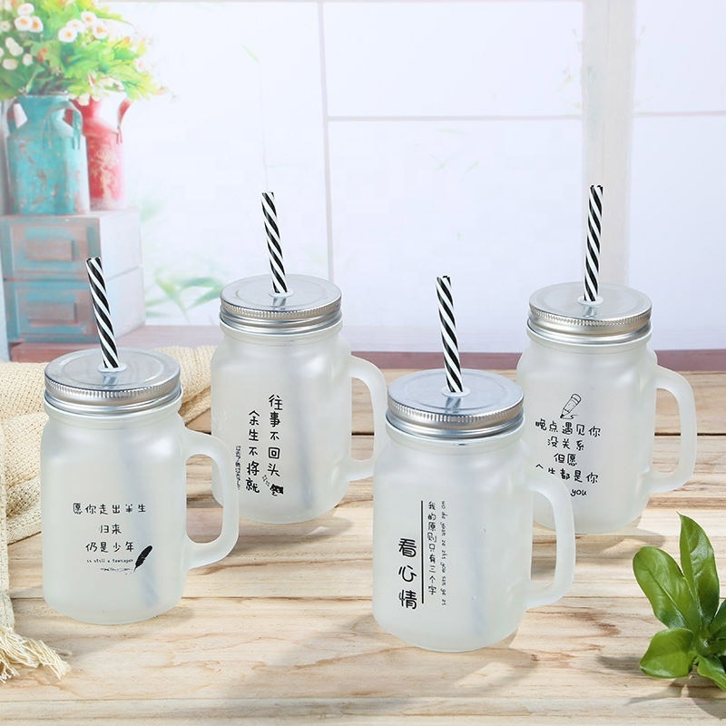 Stocked manufacturer sale custom color  480ml wide mouth glass handle mason jars with handle and straw