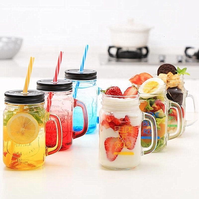 Stocked manufacturer sale custom color  480ml wide mouth glass handle mason jars with handle and straw