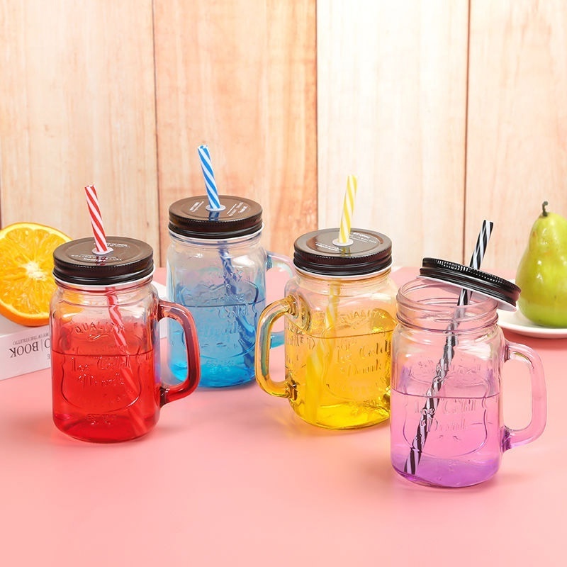 Stocked manufacturer sale custom color  480ml wide mouth glass handle mason jars with handle and straw