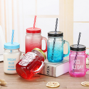 16oz Custom Regular Mouth Glass Mason Jar Mugs with Handle and Straw