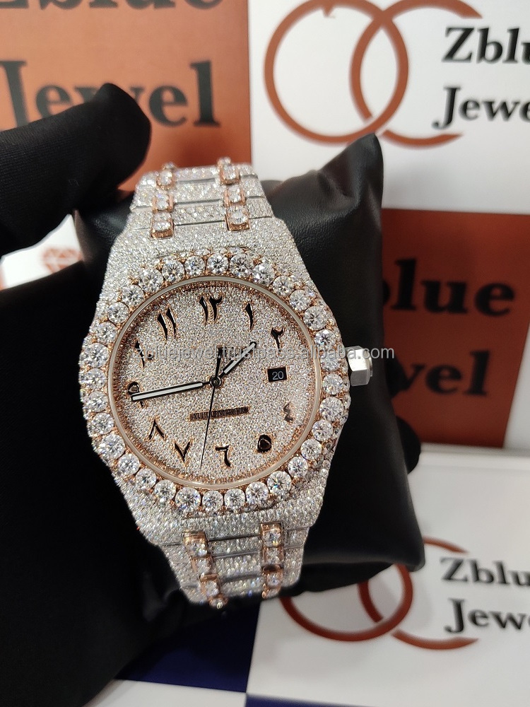 41MM Arabic Dial Premium Quality Antique Iced Out VVS Clarity Moissanite Diamond Studded Luxury Stainless Steel Watch For Couple