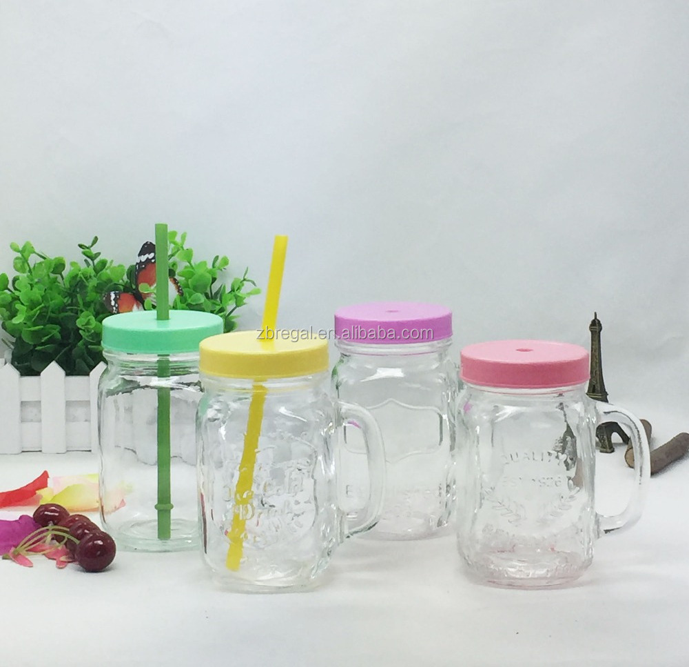 Macaron color plastic lid glass handle mason jar mugs with straw lid