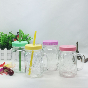 Macaron color plastic lid glass handle mason jar mugs with straw lid