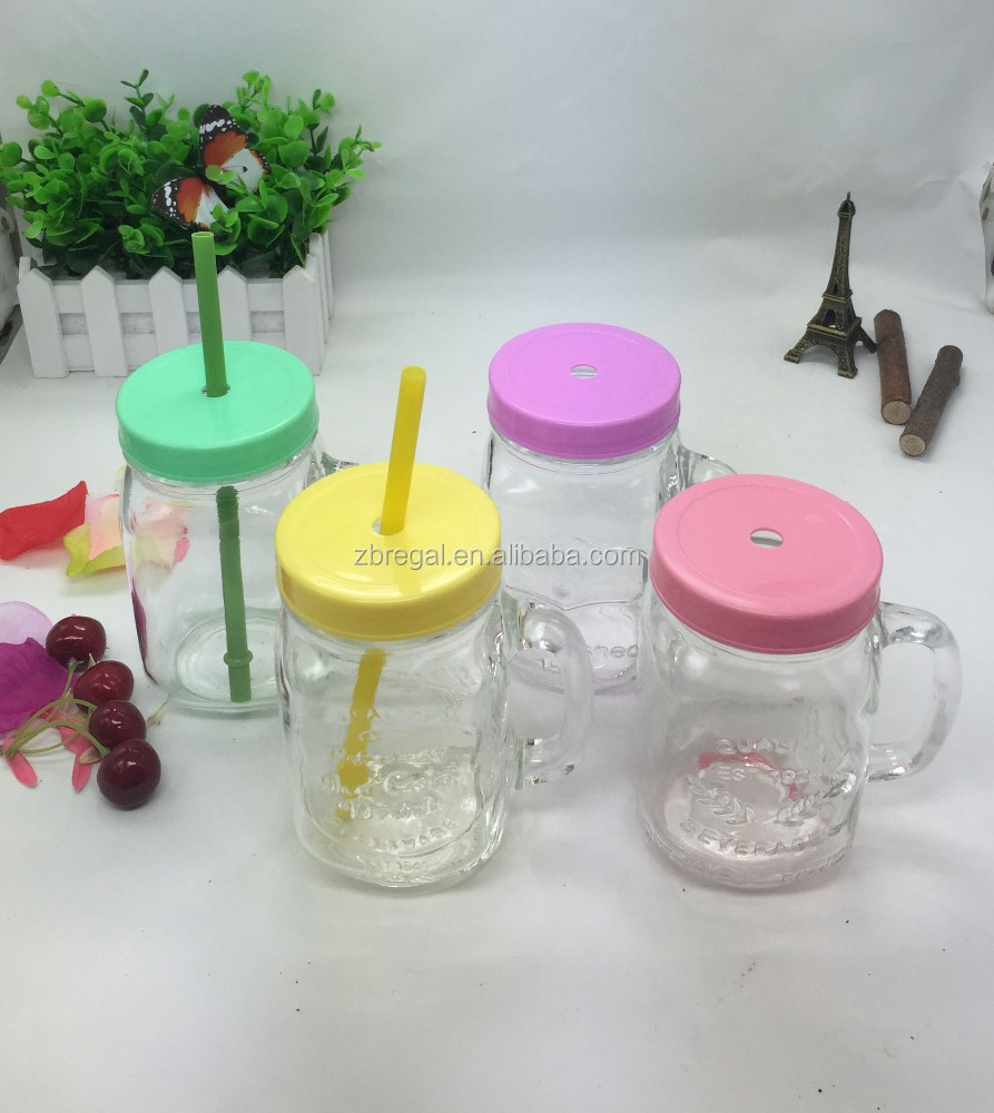 Macaron color plastic lid glass handle mason jar mugs with straw lid