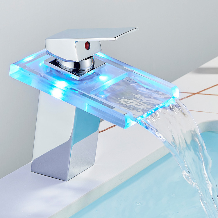 Hot Sale LED Three Colors Change Waterfall Tap Black Chrome Color Bathroom Basin Faucet