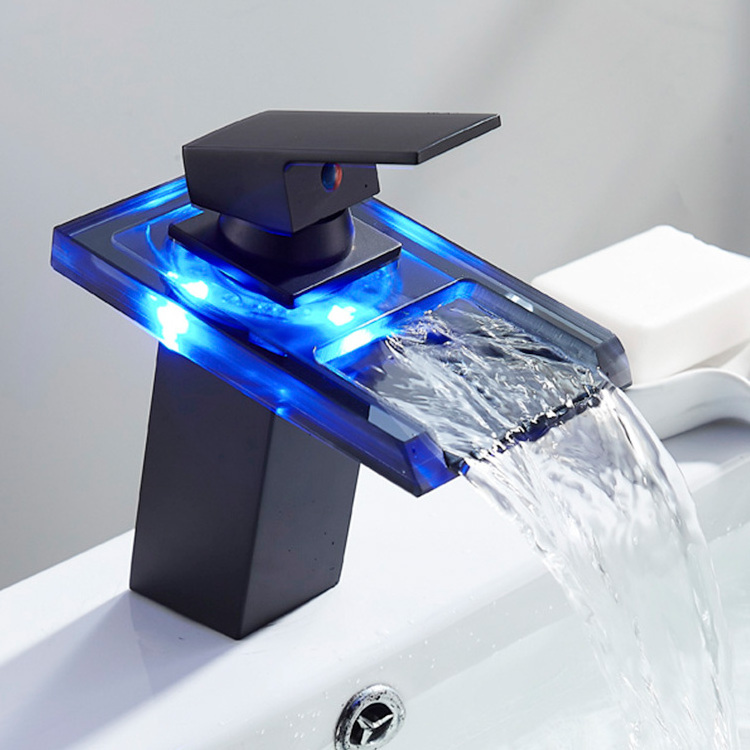 Hot Sale LED Three Colors Change Waterfall Tap Black Chrome Color Bathroom Basin Faucet